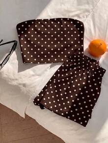 Comfortcana Conjunto de dos piezas de top bandeau y pantalones cortos con lunares marrones y blancos, estilo casual vintage para mujer, ideal para playa, vacaciones y verano - Marrón - Ver 5