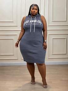 CurvyTilda Women's Plus Size Striped Hooded Sleeveless Dress With Letter Print And Drawstring For Valentine's Day, Spring And Summer - Blue - View 4
