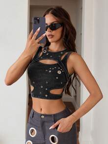 SHEIN ICON 女款鏤空裝飾時尚百搭約會與外出上衣 - 黑色 - 查看 5