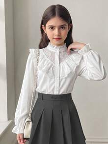SHEIN 青少年女孩返校百搭白色襯衫，可作為內搭或外穿，休閒日常時尚，適合畢業季與正式場合 - 白色 - 查看 2