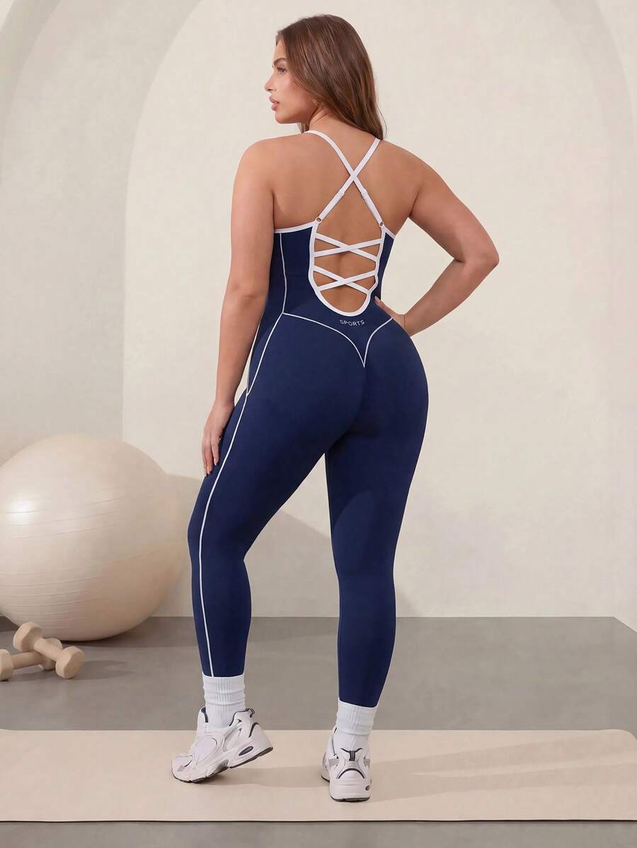 SHEIN Sports Plus Size Women Striped Contrast Color Skinny Workout Jumpsuit Pants