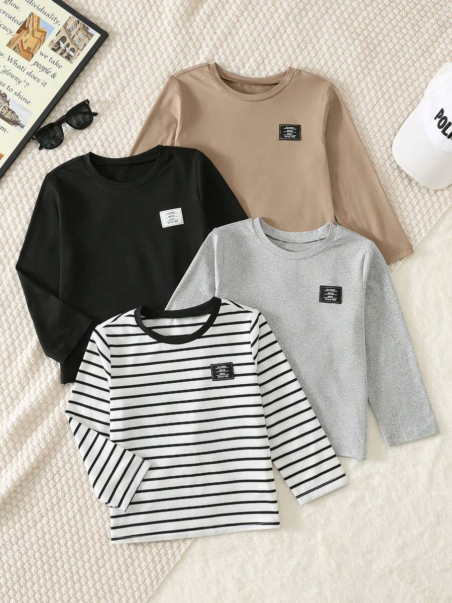 SHEIN طقم تي شيرت كاجوال مخطط بنقشة فارس للأولاد الصغار متعدد القطع بأكمام طويلة 4 قطع - متعدد الألوان - مشاهدة 1