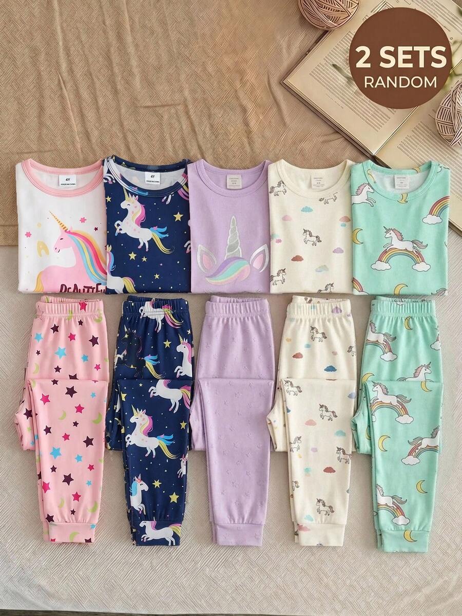 SHEIN 女童休閒極簡修身舒適圓領短袖長褲家居服套裝,4件組,適合春/夏 - 彩色 - 查看 1