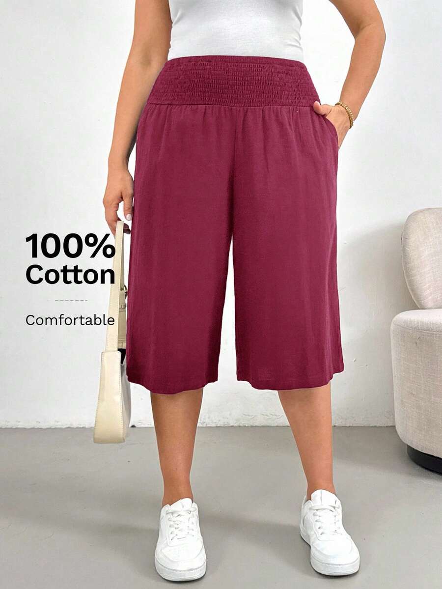 Shapeblank Plus Size Women's Solid Color Waist Gathered Pocket 3/4 Length Pants - Burgundy - View 1