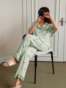 Napfluff Women's Blue Striped Bow Print Patchwork Contrast Color Ruffle Collar Short Sleeve Long Pants Pajama Set - Green - View 4