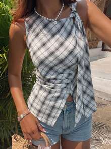 DAZY Women's Round Neck Plaid Korean Style Sleeveless Bow Blouse Summer - Black and White - View 9