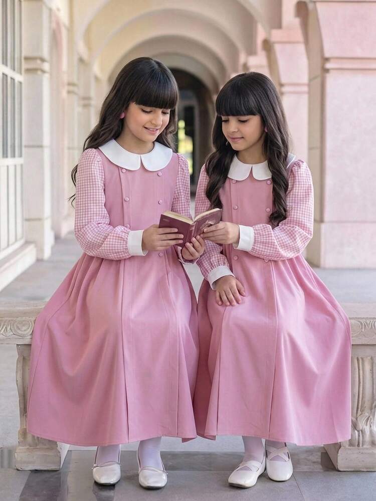 SHEIN 少女粉色軟綿綿 2 合 1 拼接彼得潘領洋裝，正式休閒日常出遊百搭街頭風，適合任何場合，姊妹裝、親子套裝，可愛女孩穿搭，適用小學、國中 - 粉色 - 查看 1