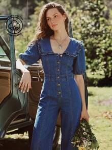 SHEIN MOD Women's Short Petal Sleeve Single-Breasted Casual Wide Leg Denim Jumpsuit Fall - Medium Wash - View 1