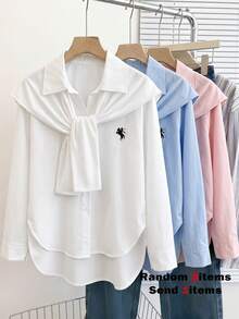 SHEIN 女童時尚休閒寬鬆慵懶中長版襯衫 - 白色 - View 1
