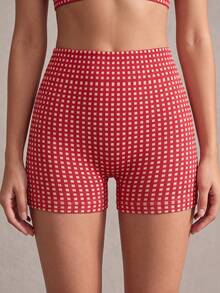 Sovereign Charm 1pc Women's Red Plaid Knit Seamless Comfortable Elastic High Waist Butt Lifting Shorts, New Hot-Selling Style For Spring Summer Autumn Winter - Red - View 5