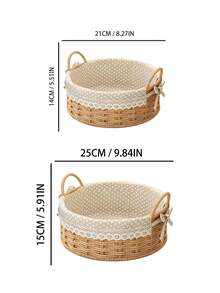 Cirelle Natural Woven Storage Basket With Lace Liner, Round Desktop Organizer Bin With Double Handles, Multi-Purpose Wicker Basket For Snacks, Cosmetics, Sundries, Entryway Storage - default - View 5