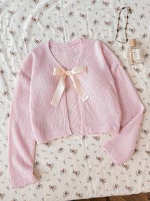 SHEIN Tween Girl Pale Pink Sweet Cardigan With Tie Front, Casual Daily Commute Sun Protection Top, Elegant Fun Vacation Cardigan, Fall/Winter - Pink - View 2
