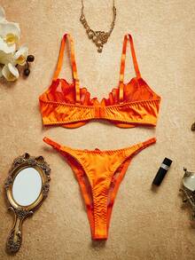 PinupPomp Women Sexy Lingerie Set With Floral Embroidery & Underwire, 2 Pieces, Bra & Panty Set - Orange - View 2
