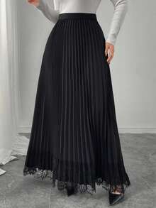Modelyn Women's Elastic Waist Pleated Lace Patchwork Versatile Elegant Solid Color Skirt - Black - View 6