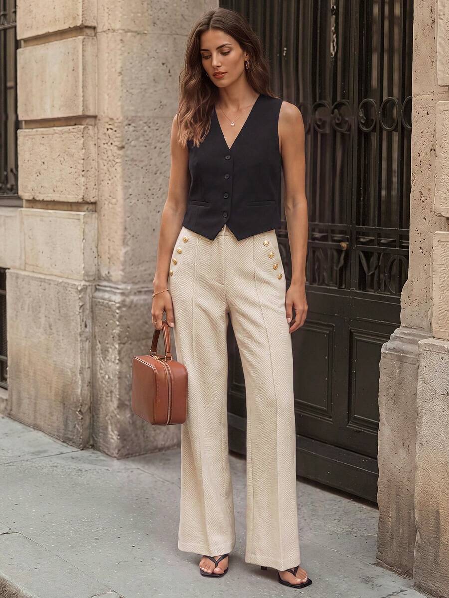 Franclia 女款秋冬直筒魚骨紋長褲,米色優雅辦公正式寬腿褲,適合通勤與休閒穿著 - 杏色 - 查看 1