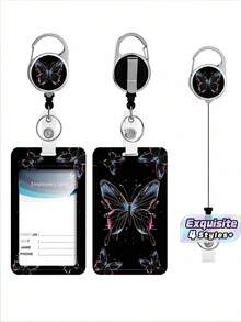 1 Set (Badge Clip + Card Holder) Gradient Butterfly Retractable Badge Reel With ID Card Holder, Black Vertical Badge Clip Protector Set For Nurse Teacher Office Student - multicolor - View 1