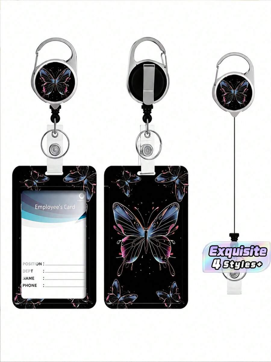 1 Set (Badge Clip + Card Holder) Gradient Butterfly Retractable Badge Reel With ID Card Holder, Black Vertical Badge Clip Protector Set For Nurse Teacher Office Student - multicolor - View 1