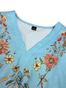 Balvessa Spring/Summer Women's Fashion Vintage Blue Floral Embroidered Print V-Neck Mid-Sleeve Blouse, Elegant Casual Shirt Top For Daily Commute, Outings, Vacation And Various Occasions, Fashionable Outfit - Multicolor - View 5