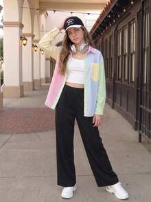 SHEIN 青少年女孩日常通勤溫柔清新優雅春夏櫻花粉輕盈襯衫，百搭百搭細肩帶背心，以及純色直筒寬腿長褲三件套 - 彩色 - 查看 7