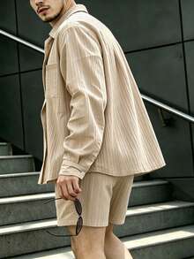 Manfinity Dauomo Casual Fashion Solid Color Shirt And Shorts Set For Men - Khaki - View 3
