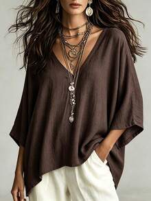 SHEIN 女款簡約休閒舒適寬鬆亞麻襯衫女上衣 - 巧克力棕 - 查看 3