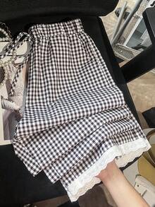 SHEIN Franclia Pantaloni ampi con lacci a quadri kaki, pantaloni casual con patchwork adatti per uso quotidiano/pendolarismo - Castano - Visualizzare 3