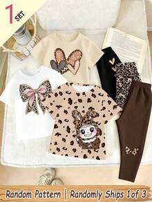 (Patrón aleatorio, 1 set aleatorio) Conjunto de camiseta corta básica casual de verano y leggings para niñas, con estampado gráfico creativo fresco y brillante de patchwork, corazón, leopardo, lazo y conejo, cómodo para uso diario - Multicolor - Ver 3