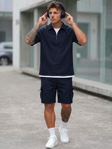 Sorvial 男士纯色简约日常短袖T恤短裤套装，男士夏季两件套，男士休闲两件套，舒适装 - 藏蓝色 - 查看 5