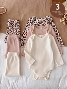 SHEIN 女嬰針織純色豹紋圓領修身休閒連身衣3件套 - 彩色 - 查看 10