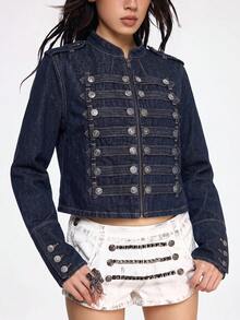 ROMWE Grunge Punk Nautical Punk Vintage Metal Buckle Distressed Washed Denim Lightweight Jacket - Dark Wash - View 1