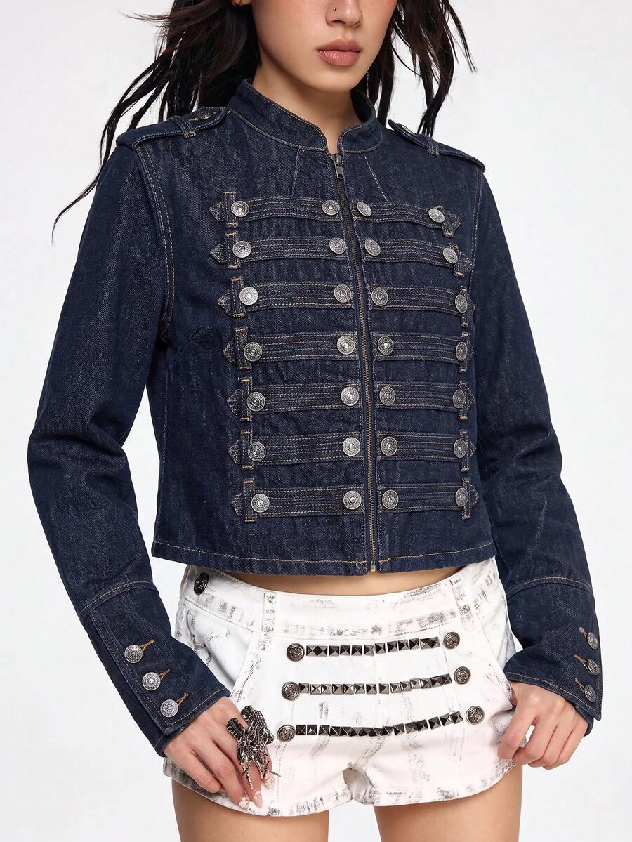 ROMWE Grunge Punk Nautical Punk Vintage Metal Buckle Distressed Washed Denim Lightweight Jacket - Dark Wash - View 1