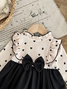 Girls' 2-Piece Style Heart Print Dress Fall Light Pink Ribbed Fabric With All-Over Little Black Hearts Ruffle Collar And Flutter Sleeves With Black Tr - Apricot - View 6