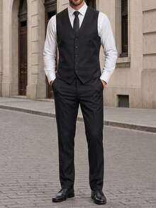 Manfinity Mode Men's Waistcoat And Trousers Formal Suit Suit, Men 2 Piece Suit, Ceremony - Black - View 3