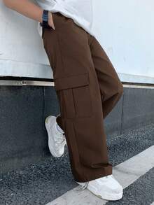 SHEIN Little Byeori 兒童青少年男孩休閒舒適直筒寬鬆工裝褲，棕色工裝褲，新年，六七歲，適合外出、出遊、上學，春夏秋冬四季皆宜 - 棕色 - 查看 4