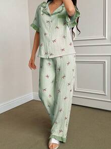 Napfluff Women's Blue Striped Bow Print Patchwork Contrast Color Ruffle Collar Short Sleeve Long Pants Pajama Set - Green - View 6