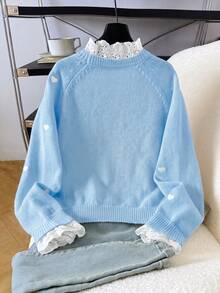 SHEIN 青少年女孩愛心刺繡鏤空拼接針織衫 - 藍色 - 查看 2