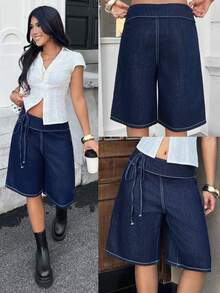 SHEIN EZwear 女款時尚街頭休閒繫帶牛仔短褲 旅行海軍藍 夏季 - 藍色 - 查看 1