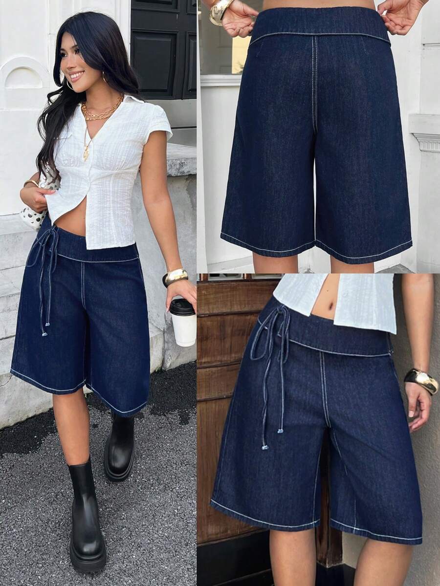SHEIN EZwear 女款時尚街頭休閒繫帶牛仔短褲 旅行海軍藍 夏季 - 藍色 - 查看 1