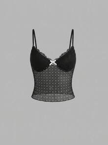 Elamini 女款蕾絲拼接蝴蝶結裝飾細肩帶背心 - 黑色 - 查看 3