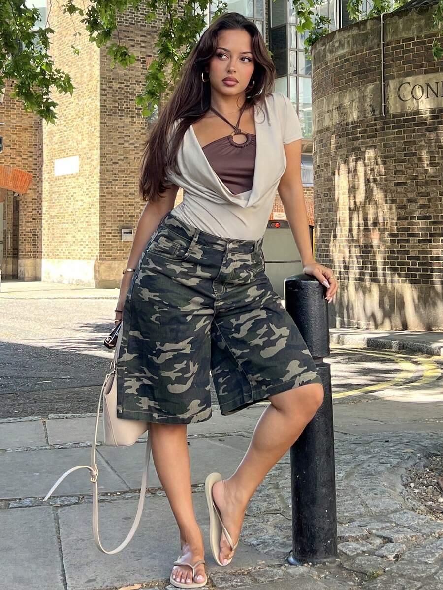 NegzBox Women's Camouflage Cotton Denim Shorts, Summer Casual Outfit Jorts - Dark Green - View 1