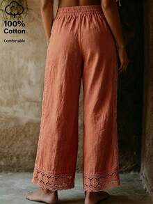 EMERY ROSE Women's Cotton Embroidered Pocket Casual Long Pants - Red Orange - View 2