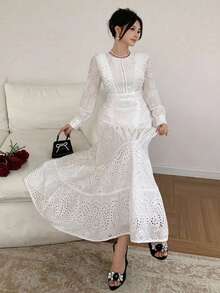 DAZY Autumn Casual French Romantic Elegant Wedding Lace White Women's Long Dress Garden Party Vacation - Pearl White - View 5