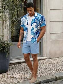 Manfinity EZcore Plus Size Men's White And Blue Floral Leaf Print Single-Breasted Short Sleeve Top And Shorts Set,Summer Boho Holiday Vacation Hawaii Tropical Beach - Multicolor - View 3