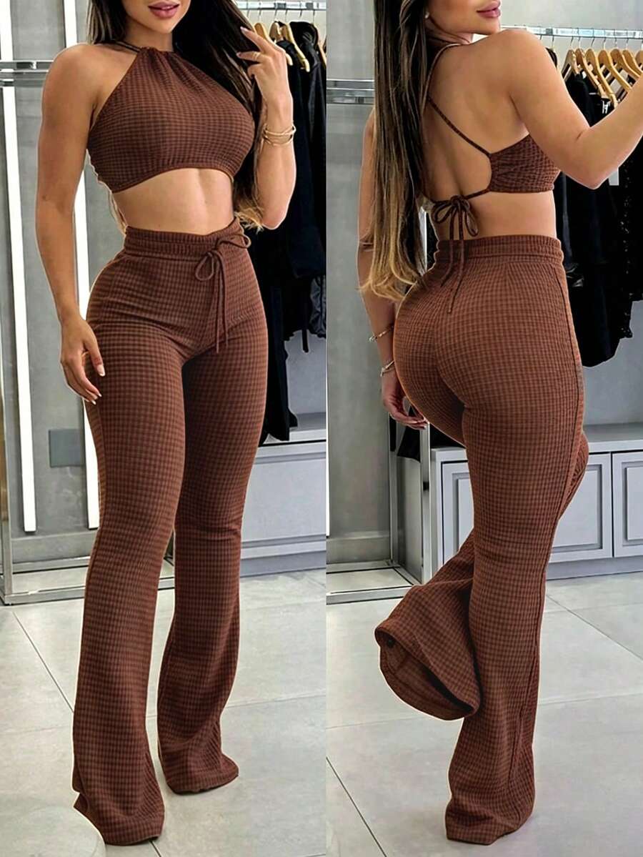 INAWLY Solva Plus Size Summer Sexy Solid Color Backless Halter Neck Super Short Top And Long Pants 2 Pieces Set Vacation Night Brown - Coffee Brown - View 1