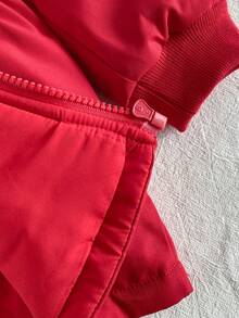 SHEIN 1件幼童女款加厚夾克，可愛紅色彩虹圖案，毛絨內裡，彈性腰部，拉鍊開襟，長袖羅紋袖口，連帽，厚實冬季節日款，純色 - 紅色 - 查看 5