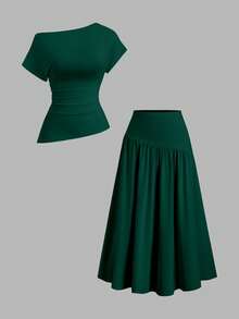 Sweetra Women's Spring/Summer Elegant Casual Commute Asymmetric Shoulder Ruched Waist Asymmetrical Hem Slit Short Sleeve Top & Comfortable Versatile Pleated Hem Long Skirt 2-Piece Set - Dark Green - View 1