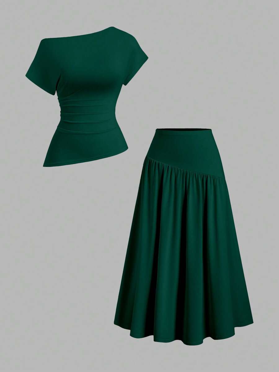 Sweetra Women's Spring/Summer Elegant Casual Commute Asymmetric Shoulder Ruched Waist Asymmetrical Hem Slit Short Sleeve Top & Comfortable Versatile Pleated Hem Long Skirt 2-Piece Set - Dark Green - View 1
