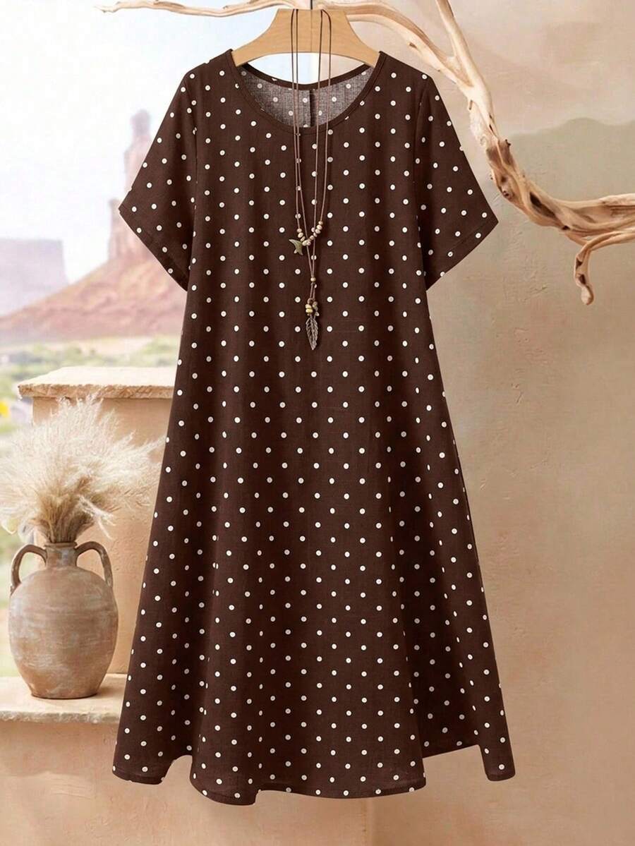 EMERY ROSE 大尺碼女款圓領短袖寬鬆波點洋裝 - 彩色 - 查看 1