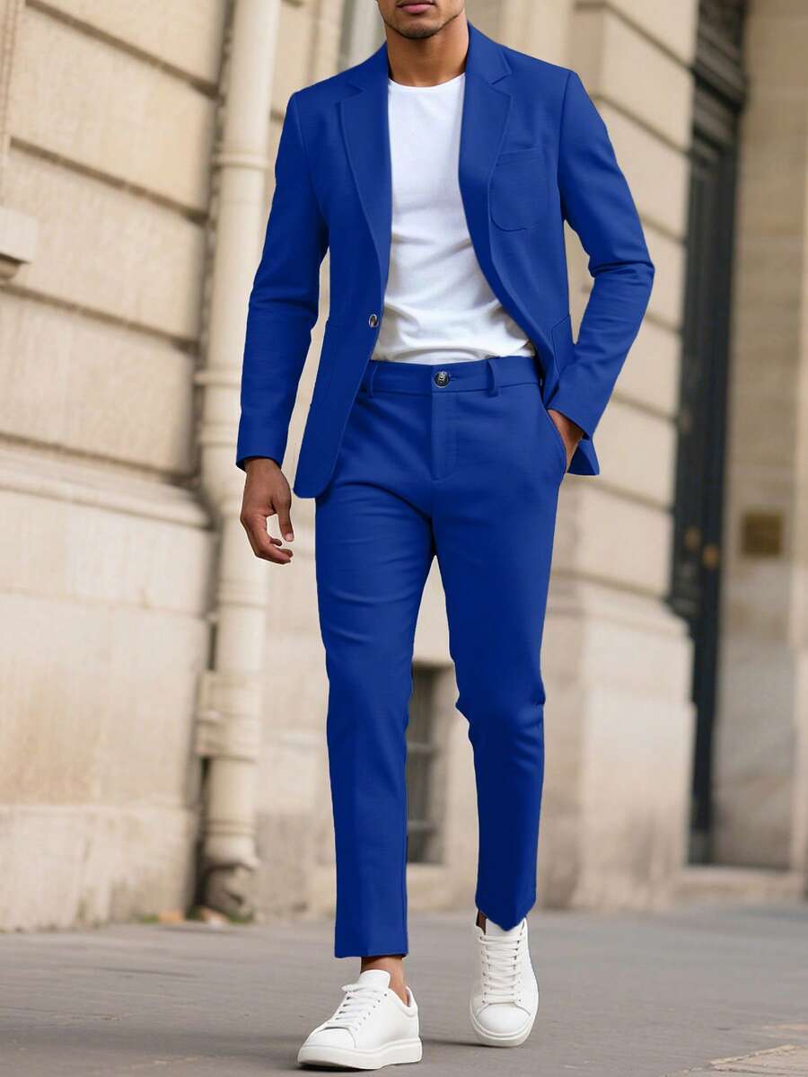 Manfinity Mode Men's Lapel Collar Casual Suit Set, Spring/Summer Formal, Ceremony - Royal Blue - View 1
