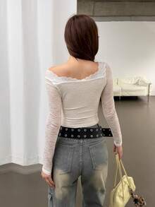 K-Vae Women's Sexy Romantic Casual Elegant Minimalist Lace Slim Fit Flattering Top Party Everyday White Floral Autumn - White - View 2